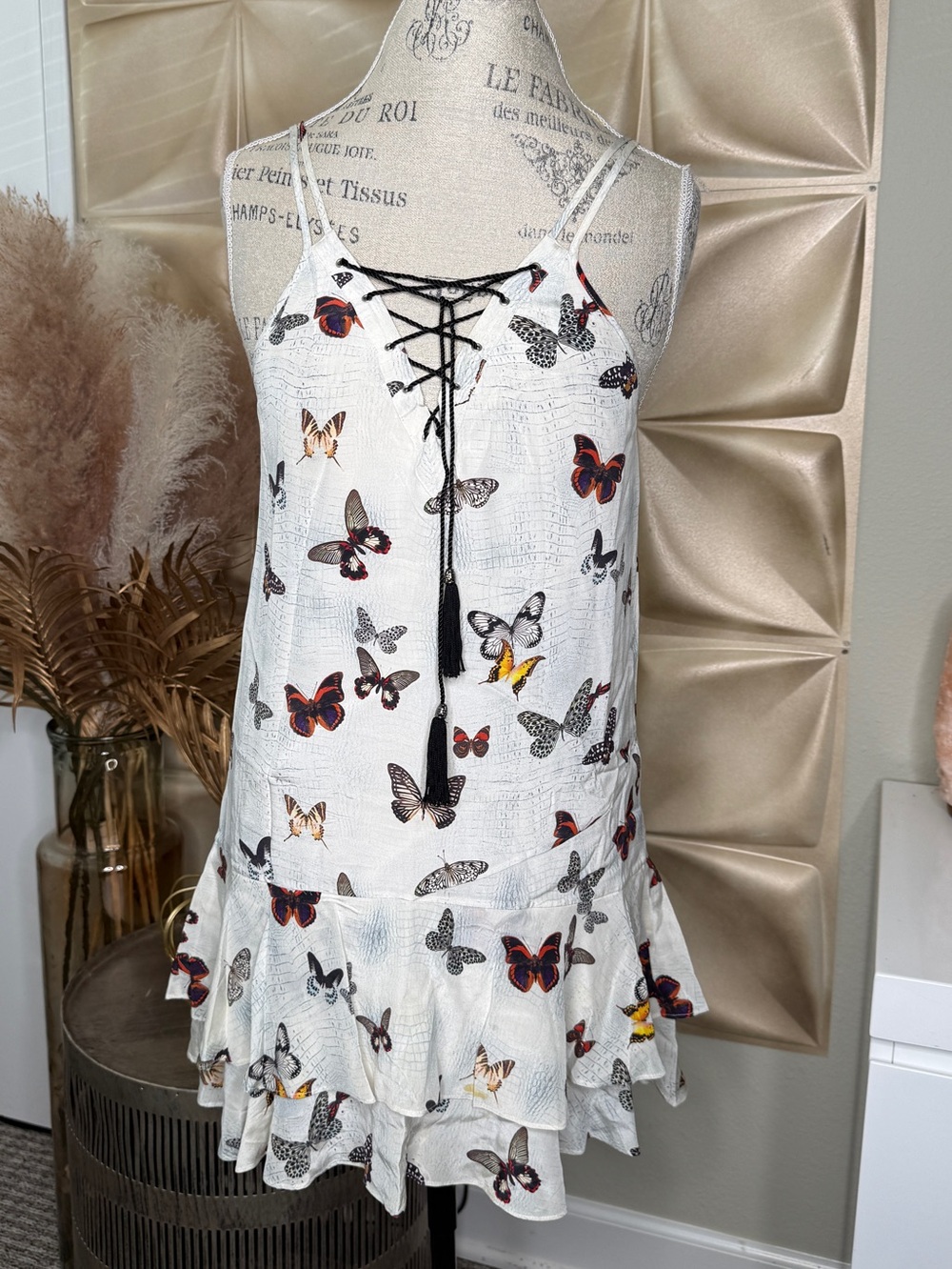 The Kooples White Butterfly Print Lace-Up Slip Dress